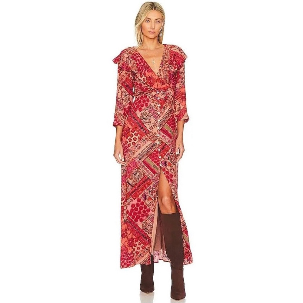 Free People Red Patchwork Maxi Dress xs
